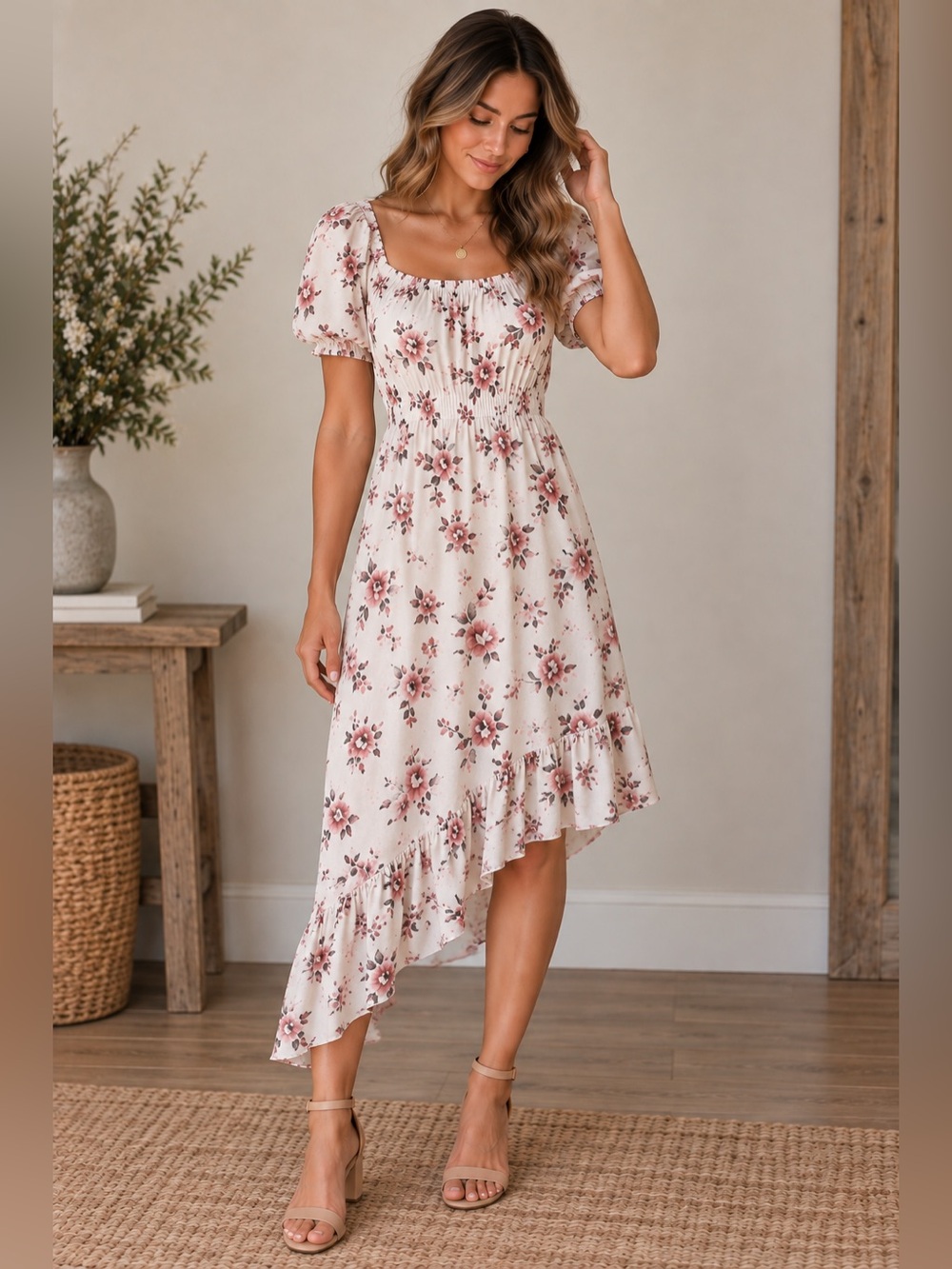Skies Are Blue XS Floral Puff Sleeve Asymmetrical Ruffle Dress
